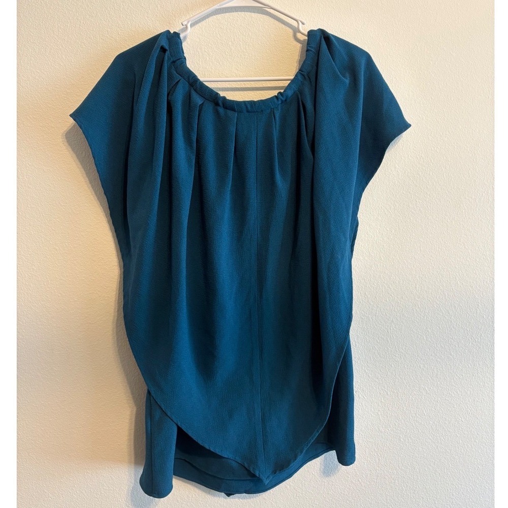 Kazo Teal‎ Blue Draped Pleated Scoop Neck Blouse Top XS